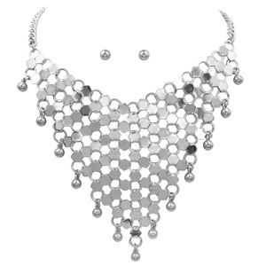 Silver Honeycomb Dangle Bib Necklace Earrings Set